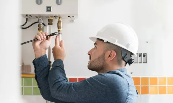 Técnico con casco reparando la conexión de un calefont